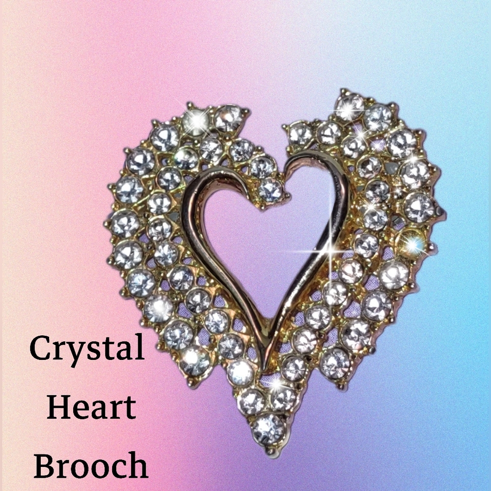 Vintage Double Row Crystal Heart Brooch